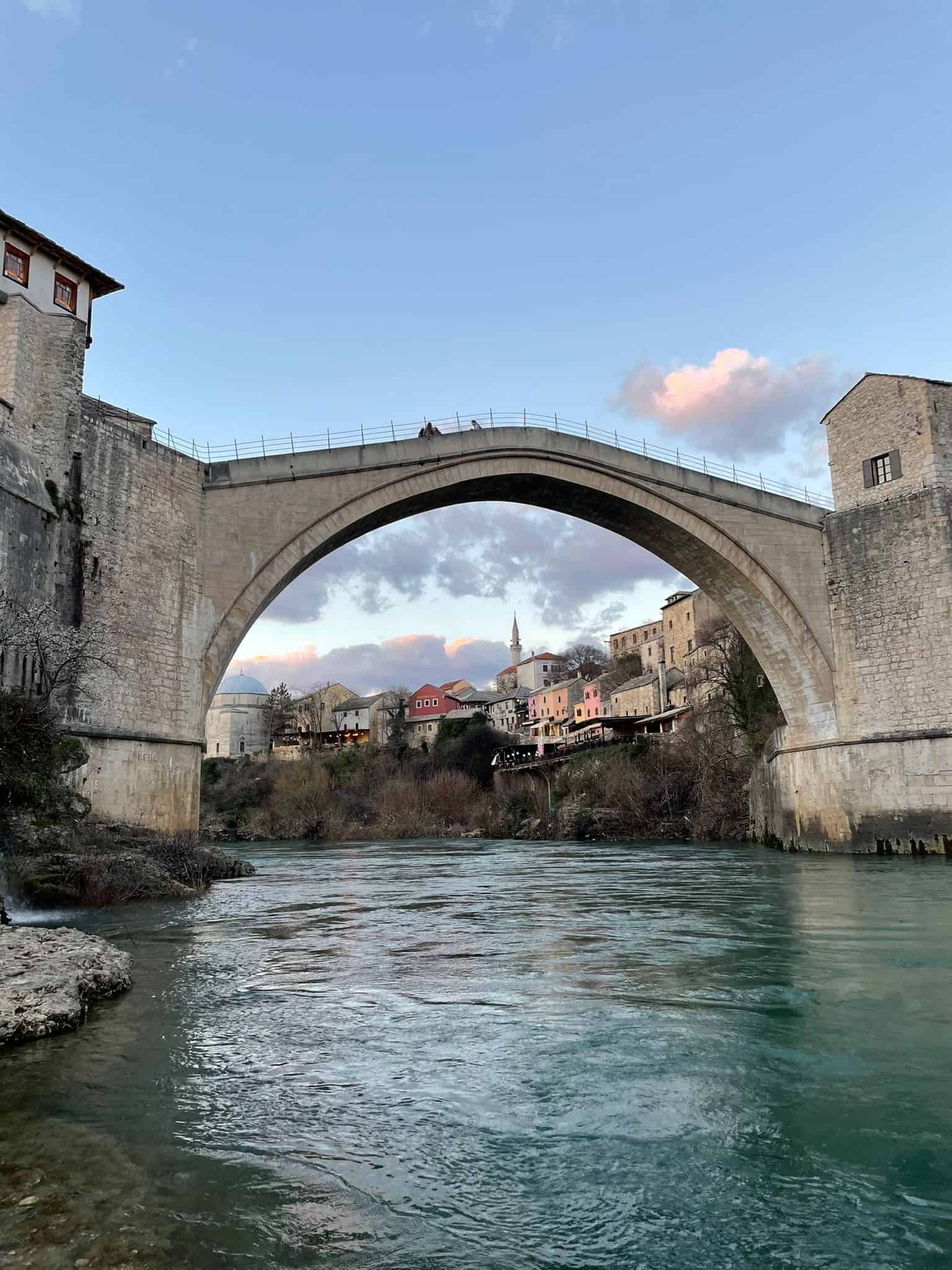 Stari Most, a famous bridge in Mostar, Bosnia Heregovina, standing over the Neretva River
