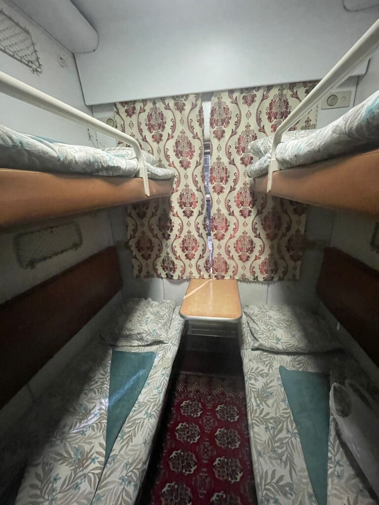 My 4-bed sleeper cabin on the night train from Ashgabat to Turkmenabat in Turkmenistan.