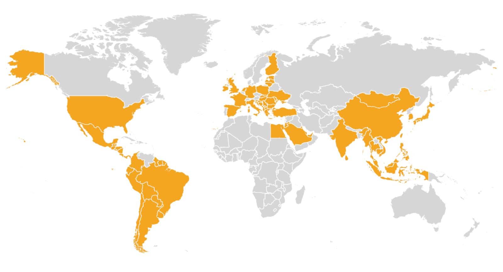 A map of the 72 countries I have visited so far, including 11/12 in South America, all mainland North American countries except Canada, and significant chunks of Europe and Asia