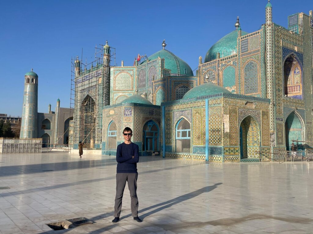 Alex standing in front of the Blue Mosque in Mazar-i-Sharif, Afghanistan.