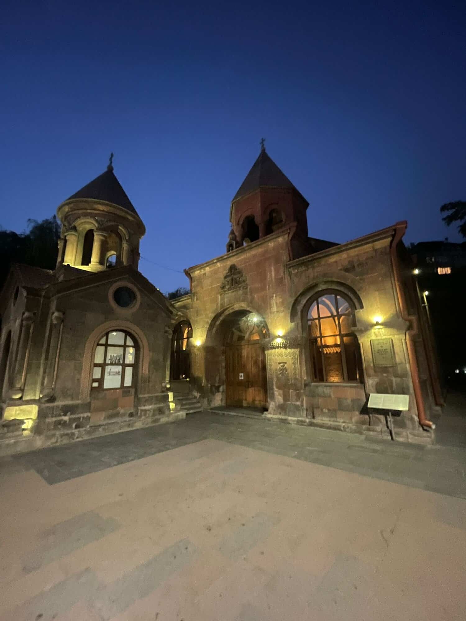 A Armenian-style monastery at night time in Armenia's capital city Yerevan.