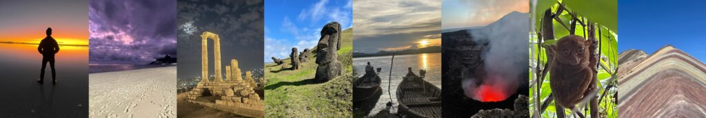 Travel highlights banner photo. From left to right: 

1) Myself during sunset at Uyuni Salt Flats in Bolivia

2) Brazil's Ipanema Beach with a purple sky

3) Amman Citadel in Jordan

4) Easter Island's famous Moai statues

5) Local boats during sunset over Myanmar's Irrawaddy River

6) Volcan Masaya displaying lava in Nicaragua

7) A tarsier on Bohol, an island in the Philippines

8) Peru's iconic Rainbow Mountain (Mount Vinicunca)