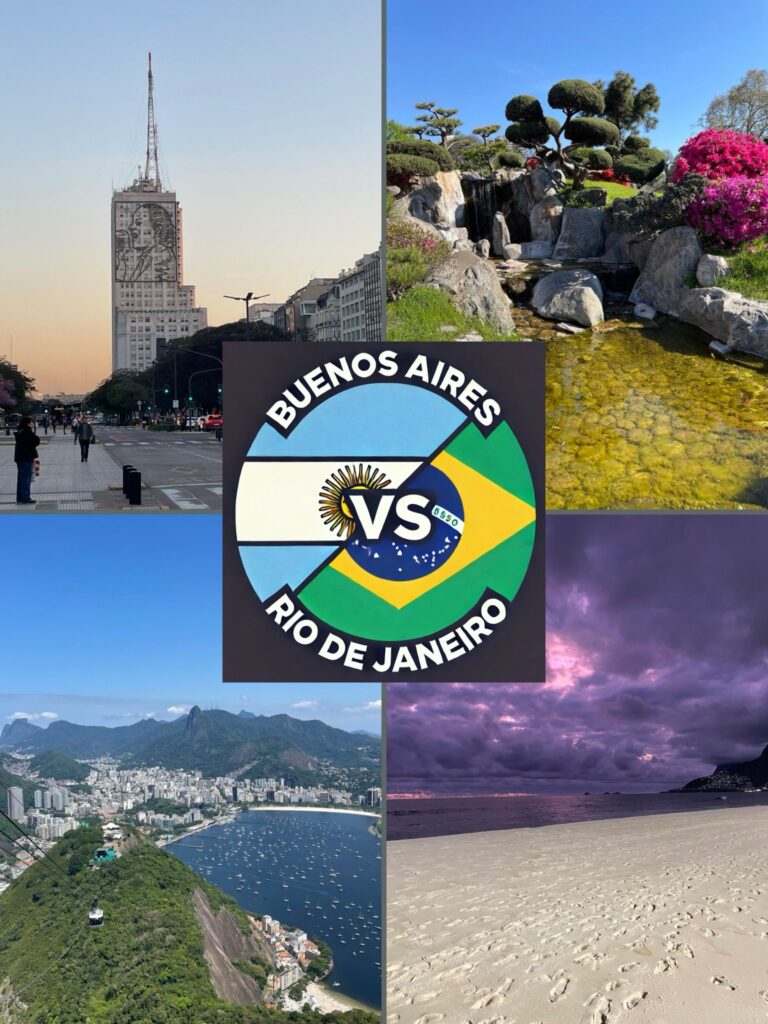 An image with the Argentina and Brazil flags in a circle alongside the words "Buenos Aires vs Rio de Janeiro". It is surrounded by four images from the two cities. Top left: the Ministry of Health building in Buenos Aires with an image of Eva Peron on the side. Top right: colourful flowers at Buenos Aires' botanical gardens. Bottom left: views of Rio de Janeiro's bays and beaches from the top of Sugarloaf Mountain. Bottom right: purple skies during sunset over the sands of Ipanema Beach.