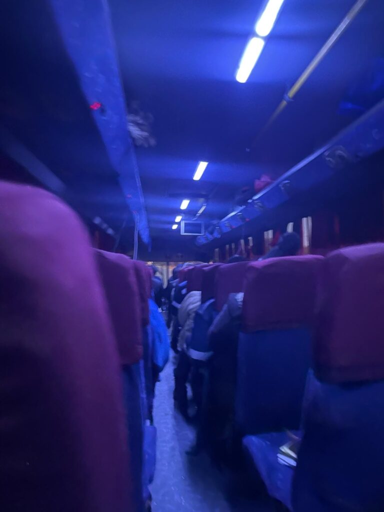 Inside the 5:30am bus from Maun to Ghanzi in Botswana.