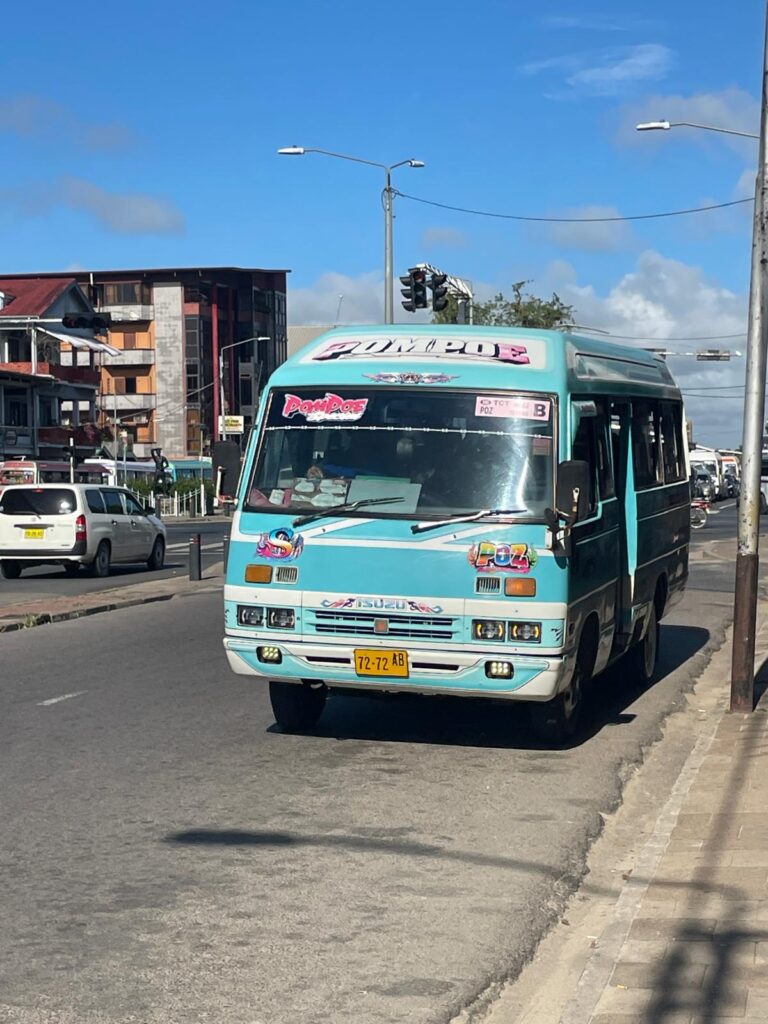 A blue bus in Suriname's capital city Paramaribo.