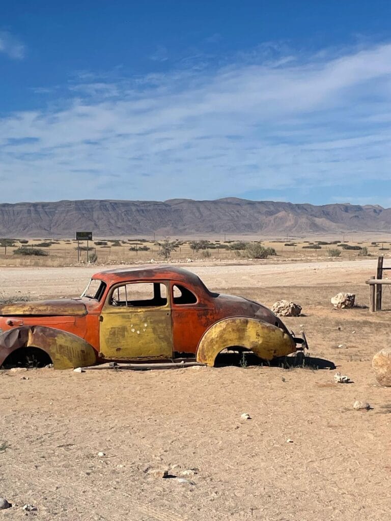 A wrecked car at Solitaire in the Namib Desert.