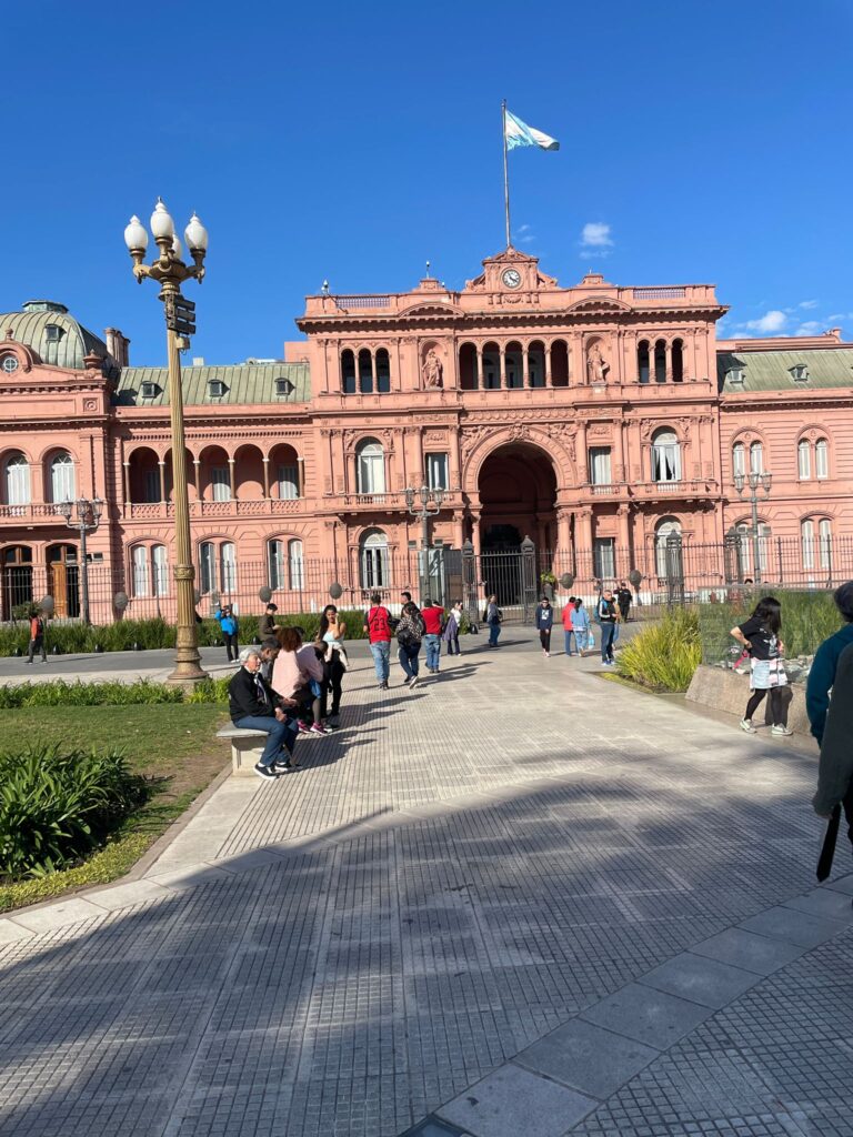 Paths leading up to Casa Rosada, a pink building in the background which is where Argentina's president Javier Milei lives.