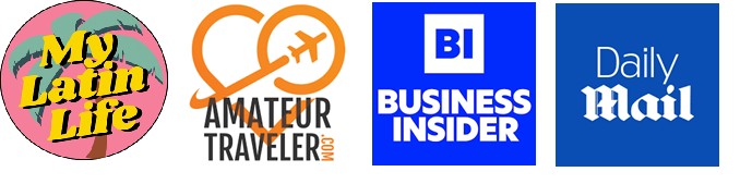 An image of major publications and podcasts I have been featured in. Includes the My Latin Life and Amateur Traveler podcasts, as well as Business Insider and the Daily Mail.