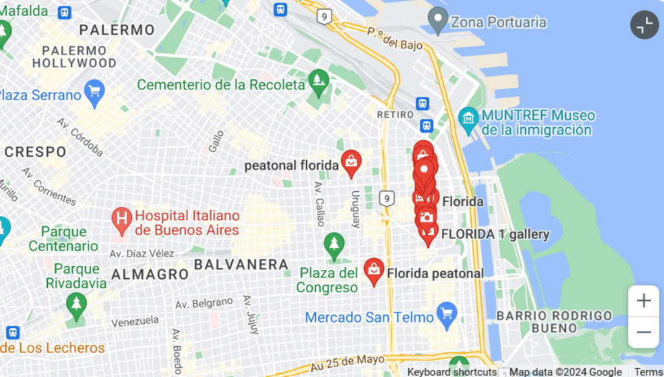A map of Buenos Aires with a cluster of red dots marking Florida Street: The go-to place for exchanging money in Argentina when you go to a cueva in Buenos Aires. This map shows it located north of San Telmo, south of Retiro, east of Balvanera and west of Barrio Rodrigo Bueno on the coast