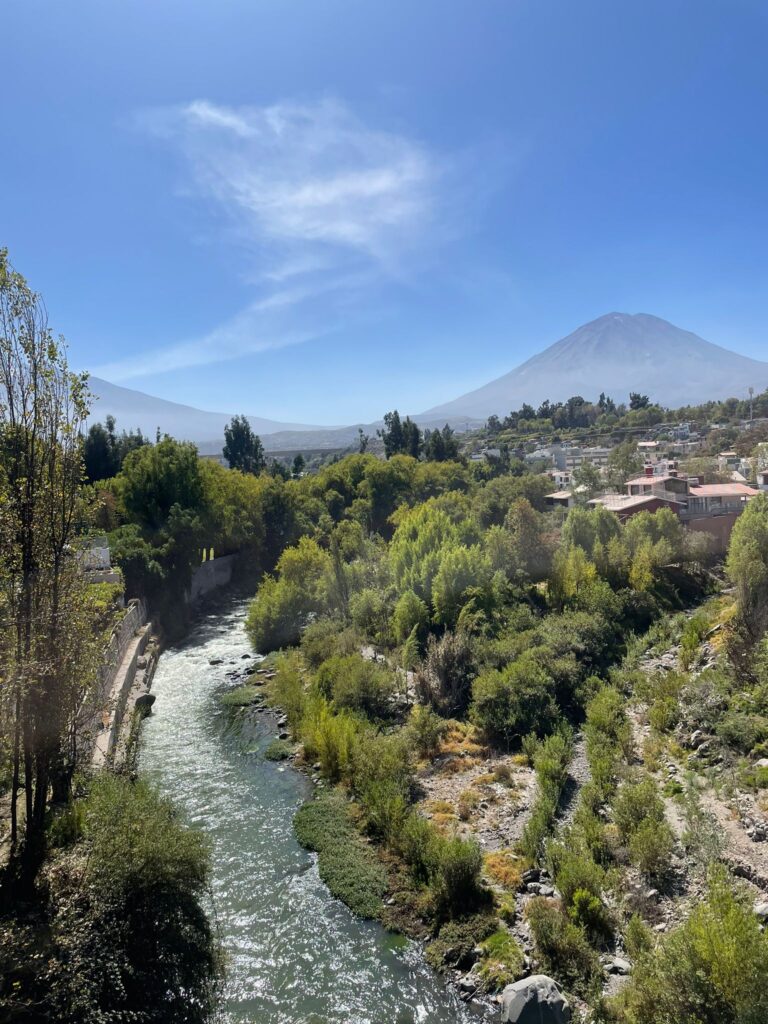 A river running through the trees with a mountain in the background. Picture taken in Arequipa, Peru.