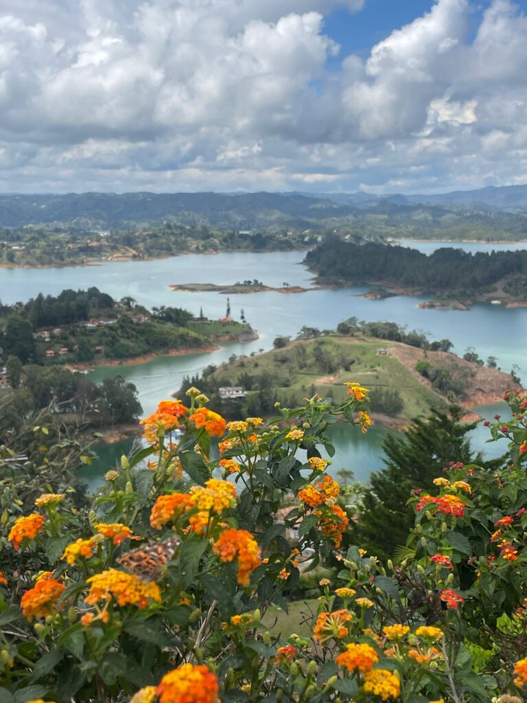 Lakes visible behind some orange flowers at the base of El Peñón de Guatapé.