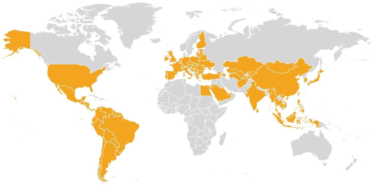 A map displaying the 92 countries Alex has visited in orange.