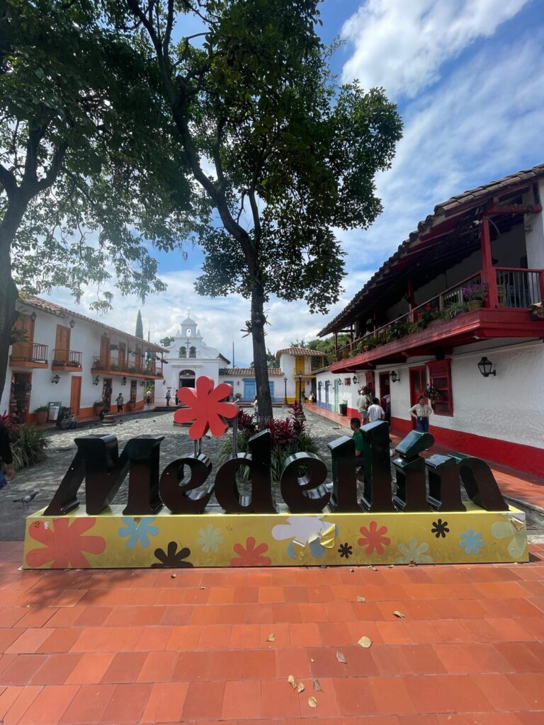 A sign that says "Medellin" in the city's small tourist hotspot Pueblito Paisa.