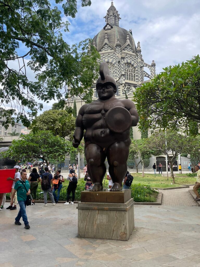 A statue by artist Fernando Botero in Medellin's Plaza Botero, which is full of the artist's sculptures.