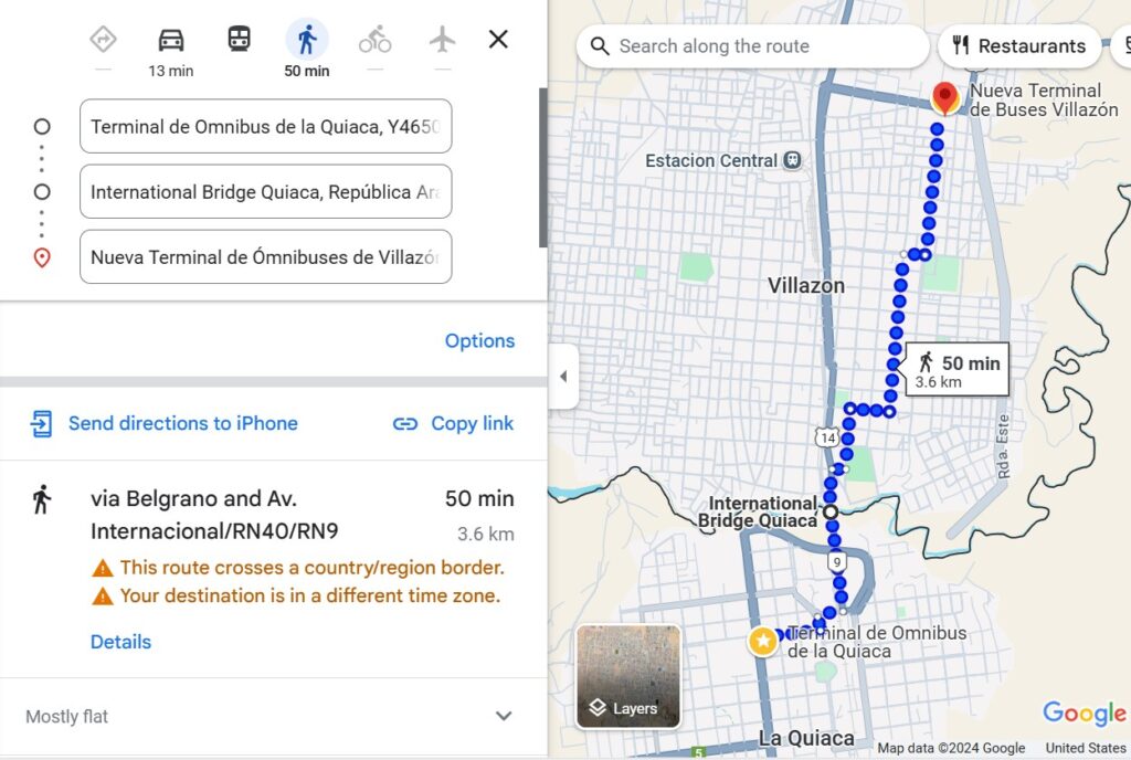 This Google Maps screenshot shows the route between the bus terminals you need in La Quiaca (Argentina) and Villazon (Bolivia). The walk takes 50 minutes in total