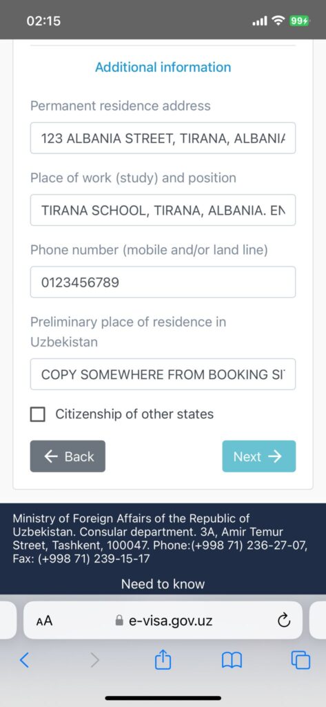 The "additional information" section for the Uzbekistan evisa process.