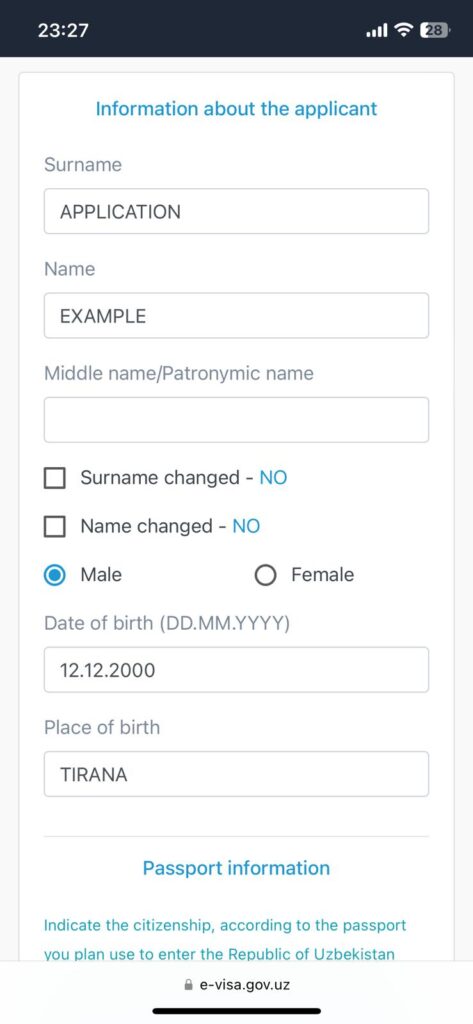The "Information about the applicant" section on the "Personal Details" page in the Uzbekistan evisa process.