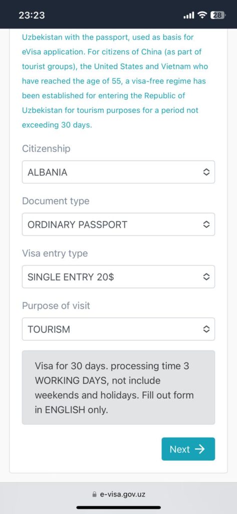 The Uzbekistan evisa country page from where you select your country, type of passport, number of entries required and reason for visiting.