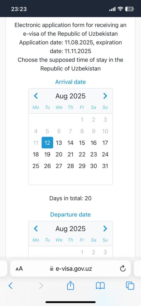 The date page on the Uzbekistan evisa website where you select the dates you intend to visit the country.