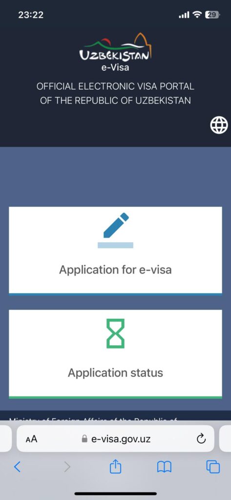 The home page for the Uzbekistan evisa website. It gives options to apply for a visa, or check our application status.