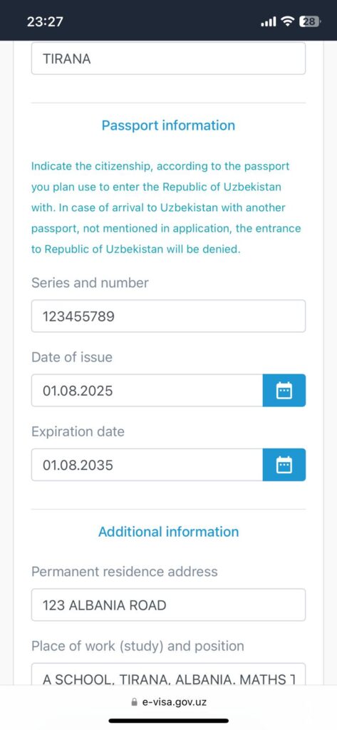 The passport information section for the Uzbekistan evisa process.