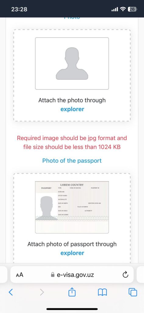 The photo and passport page during the Uzbekistan evisa process.
