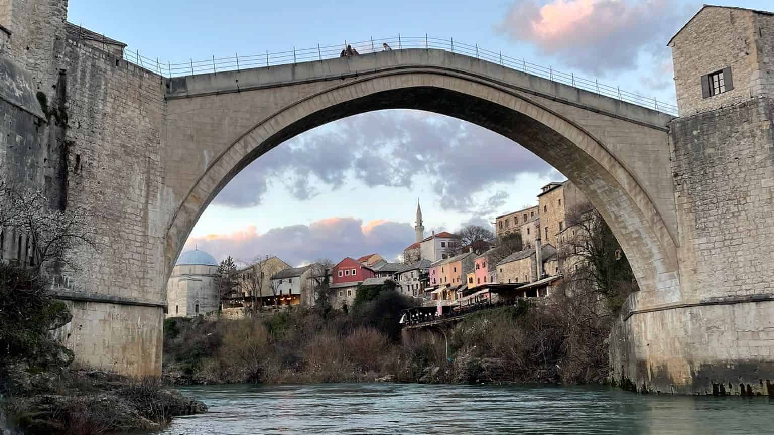 Stari Most, a famous bridge in Mostar, Bosnia Heregovina, standing over the Neretva River
