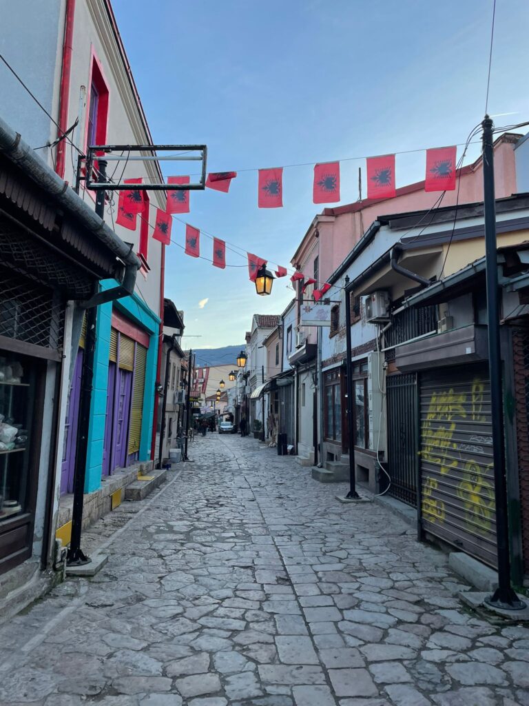 Flags of Albania are common in the Old Bazaar
