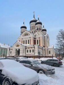 Alexander Levsky Cathedral (a Russian orthodox cathedral) in Tallinn, Estonia. You can see snow on the four visible domes of the building