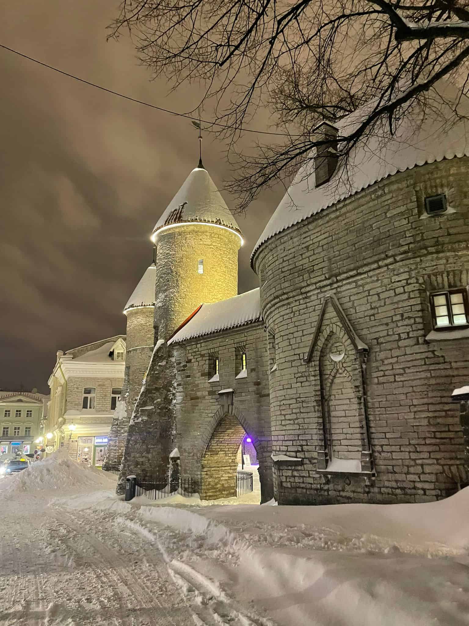Snow-covered turrets in the Old Town of Tallinn, Estonia