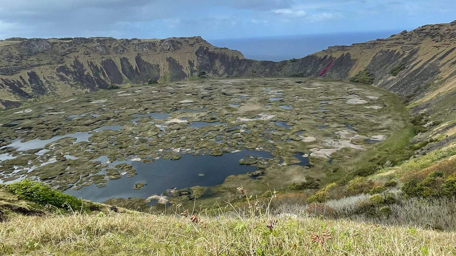 The crater of Rano Kau volcano on the southern tip of Easter Island