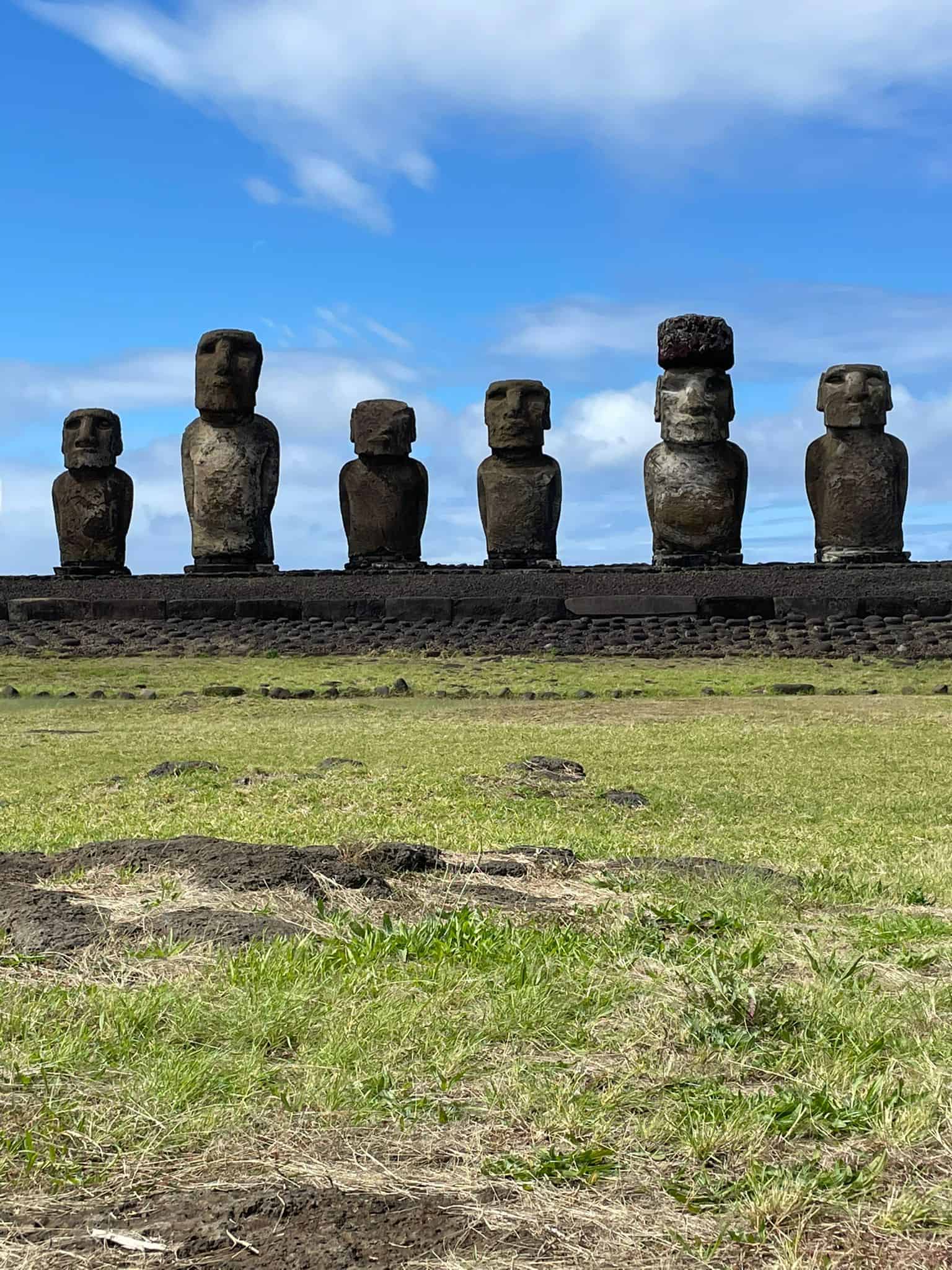 An image of 6 Moai heads on Easter Island, Chile.