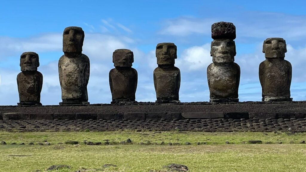 A row of six Moai statues on Easter Island