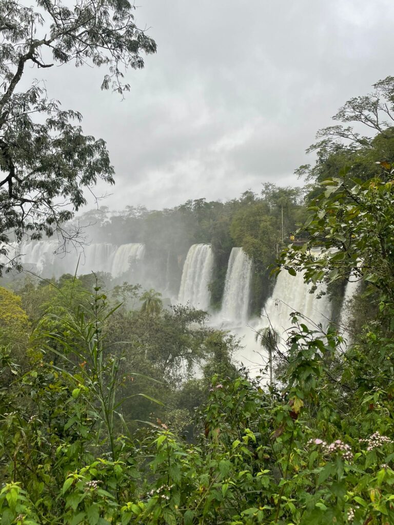 Several waterfalls crashing down through the rainforest's trees at Iguazu Falls (Argentina side). Grey clouds fill the skies as this was a particularly rainy day which led to higher water levels and more powerful falls than usual