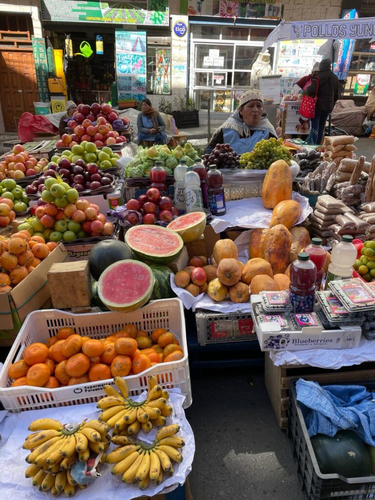 A group of indigenous Bolivian women in La Paz wearing traditional Bolivian scarves whilst running a colourful fruit stall full of apples, watermelons and much more.