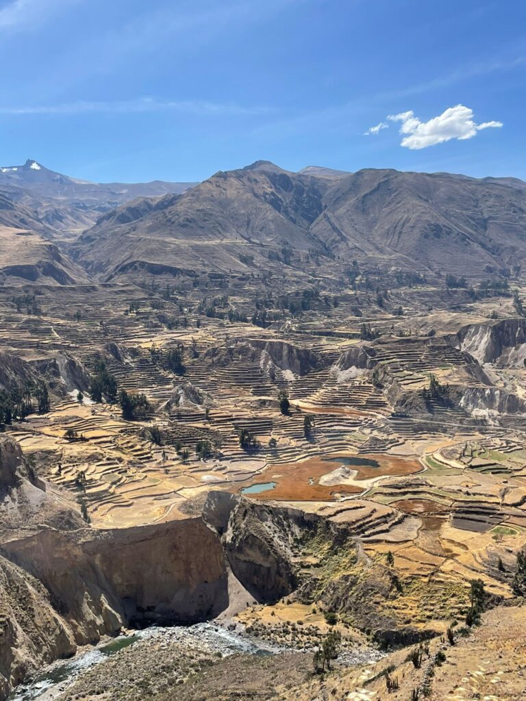 The layered brown landscapes of Colca Canyon in Peru. In the background you can see mountains rising towards the sky