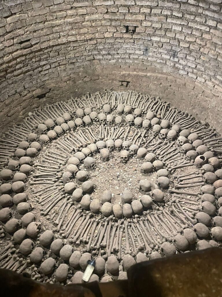 A series of skulls and bones laid out in a circle where they all face towards the middle in Lima, Peru