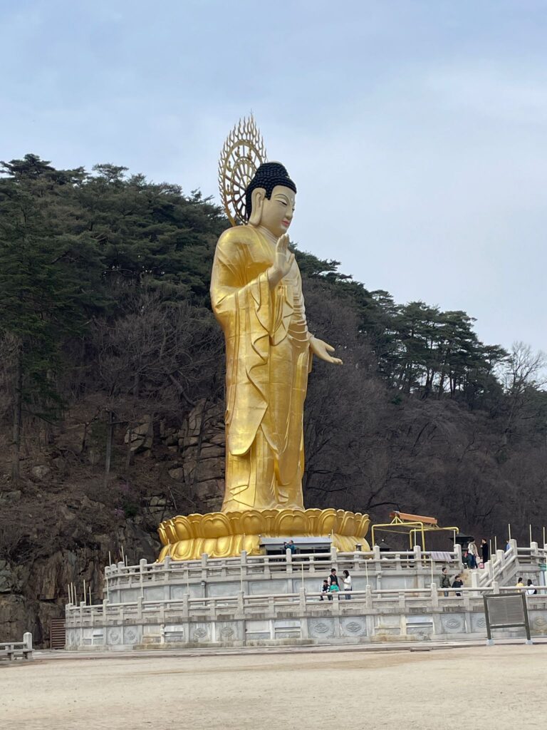 The 33m-tall Golden Maitreya Buddha Statue standing in front of a series of trees growing from the mountains at Beopjusa Temple in South Korea