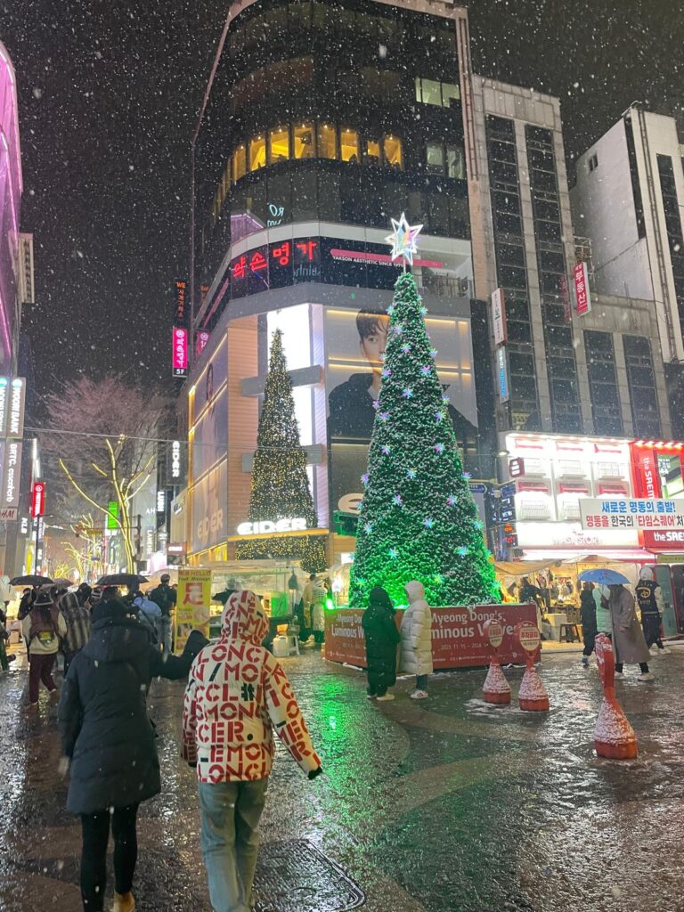 A Christmas tree in the middle of Myeongdong Street. People are wearing thick jackets and walking round with umbrellas as lots of snow falls down