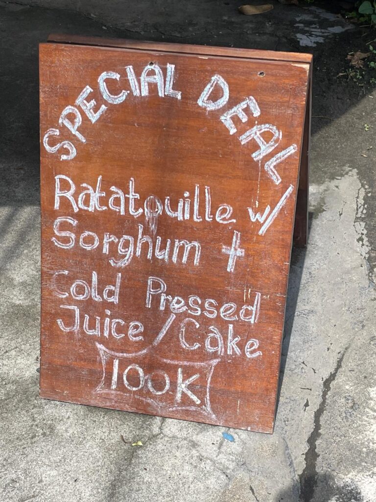 A sign that says "Special deal: ratatouille w/ sorghum + cold pressed juice/cake - 100k" outside an eco guesthouse in Canggu.