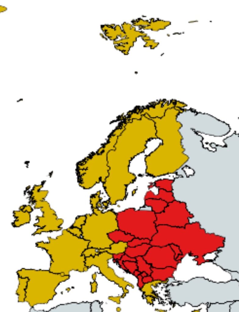 A map of Europe showing the expensive countries (gold) and affordable countries (red) to visit. The red countries are Poland, Czech Republic, Slovakia, Hungary, Slovenia and every country to the east of these with the exceptions of Finland, Cyprus and Greece. The gold countries are Finland, Cyprus, Greece, and every country to the west of those mentioned above including Sweden, Austria and Italy.