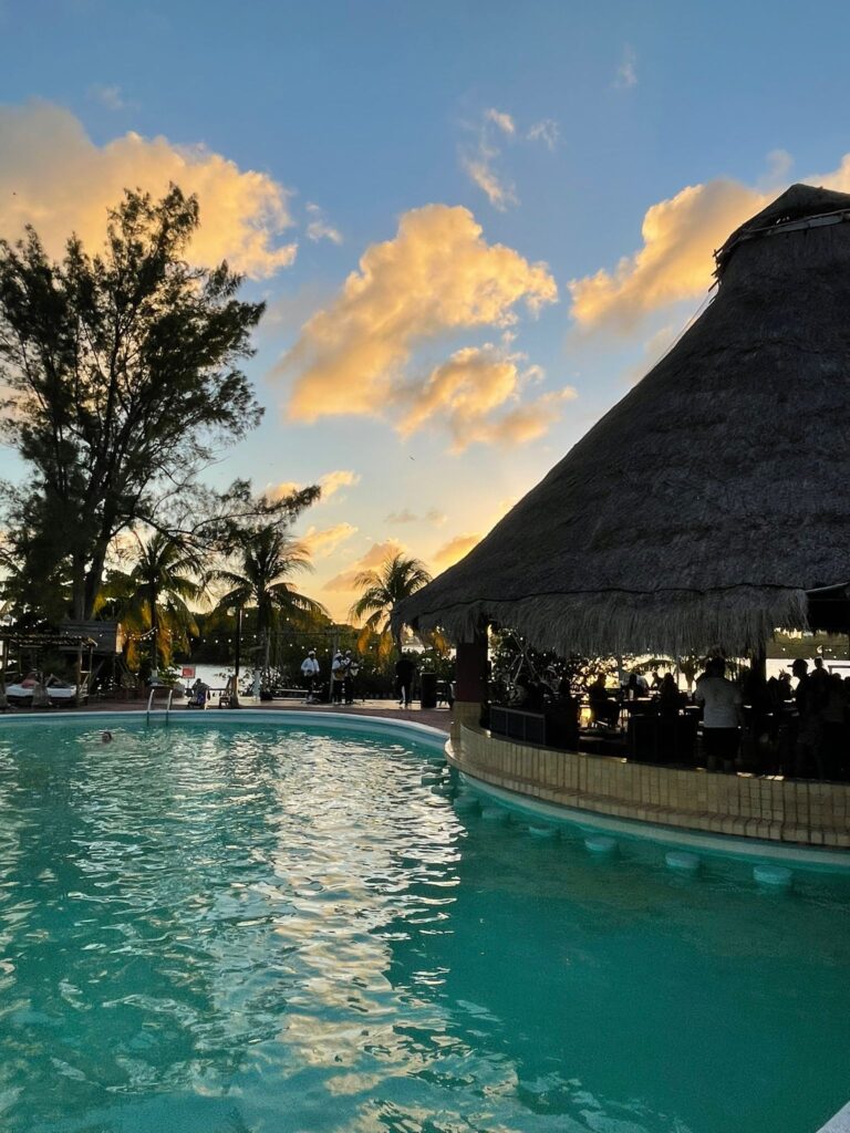 A swimming pool with a thatched-roof behind it and the sun setting in the background