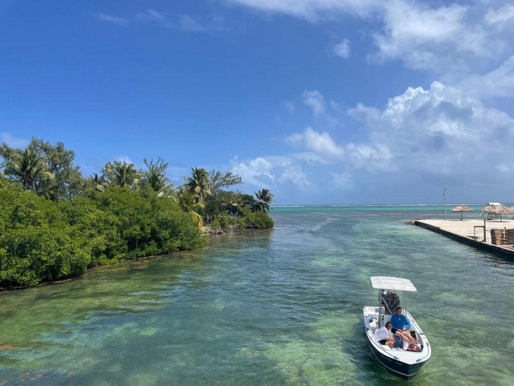 A boat cruising through the waters of Ambergris Caye, Belize