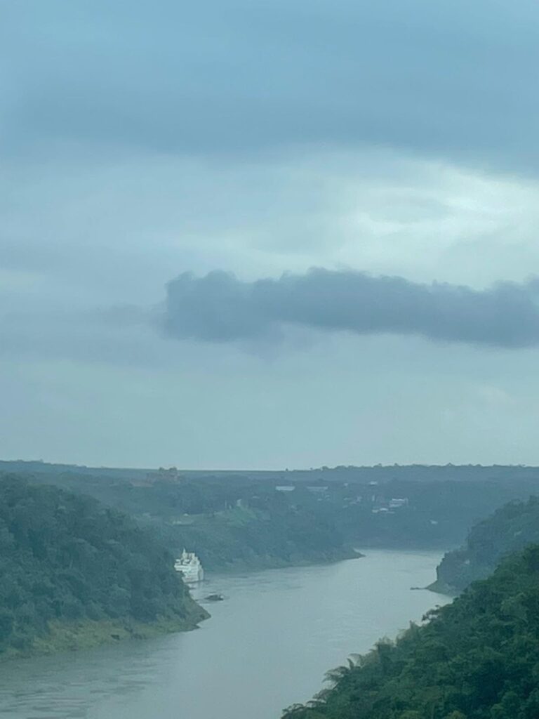 The Triple Frontier border between Paraguay (top), Argentina (left) and Brazil (right) with the Iguazu River separating the countries