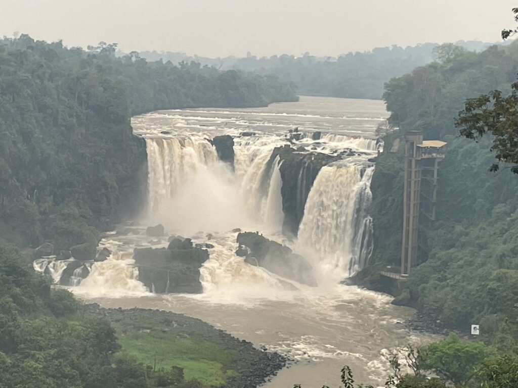 The Saltos del Monday waterfalls in Paraguay, which are surrounded by green trees