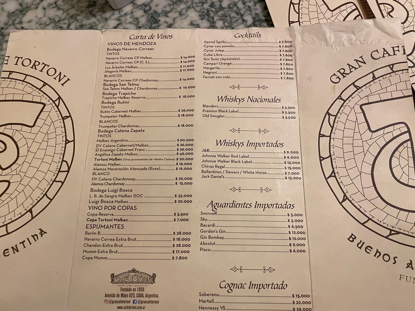 A list of all wines, cocktails, whiskeys and other spirits on the menu at Cafe Tortoni in Buenos Aires