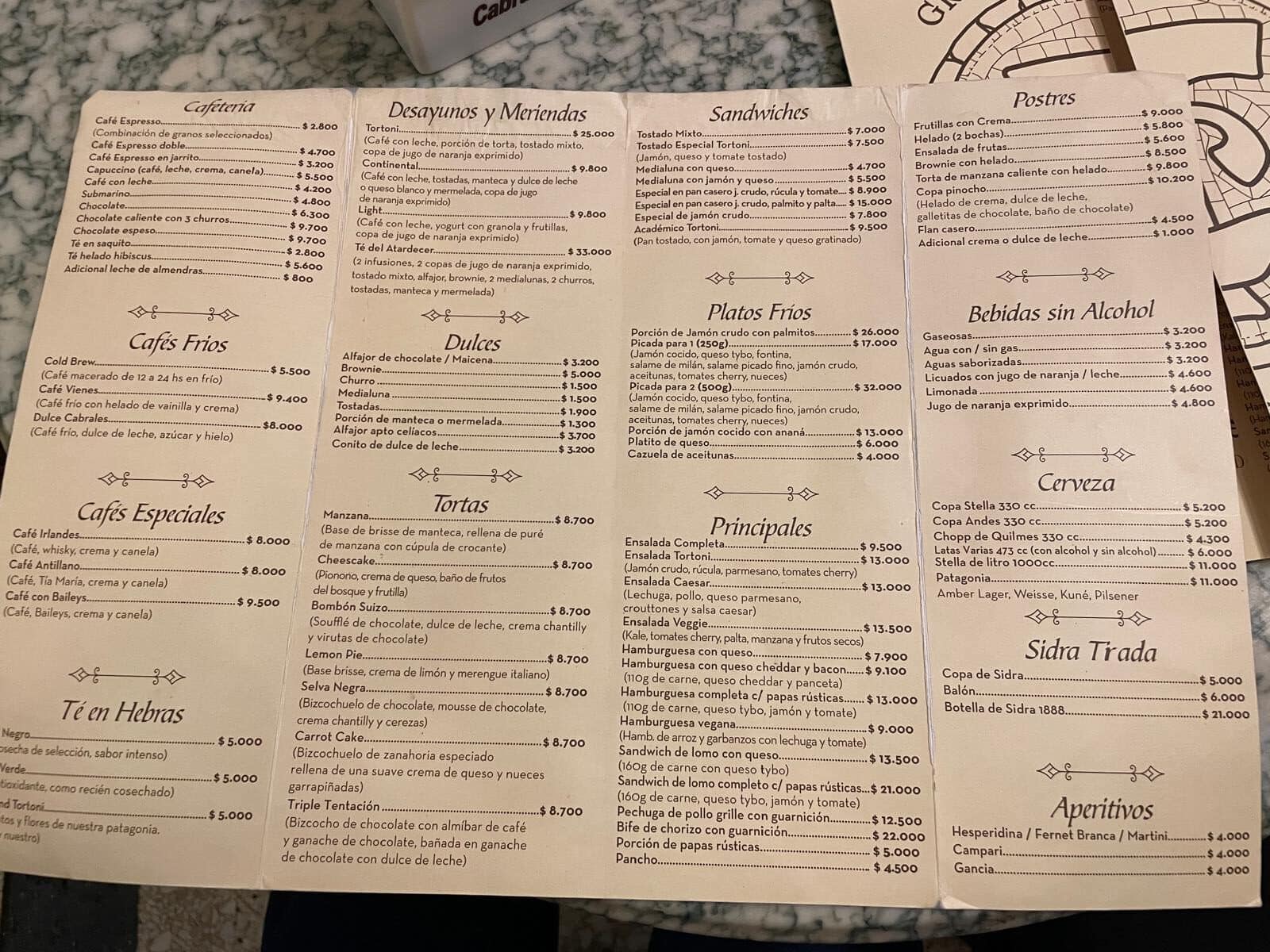 The food, coffee, tea, beer, cider and soft drink menu at Cafe Tortoni, Buenos Aires