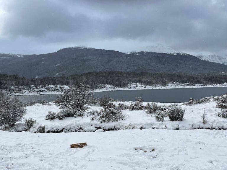 A snowy day in Tierra del Fuego National Park, which is one of the best things to do in Ushuaia. You can see snow-capped mountains above the river. Snow is on the ground in front of the river