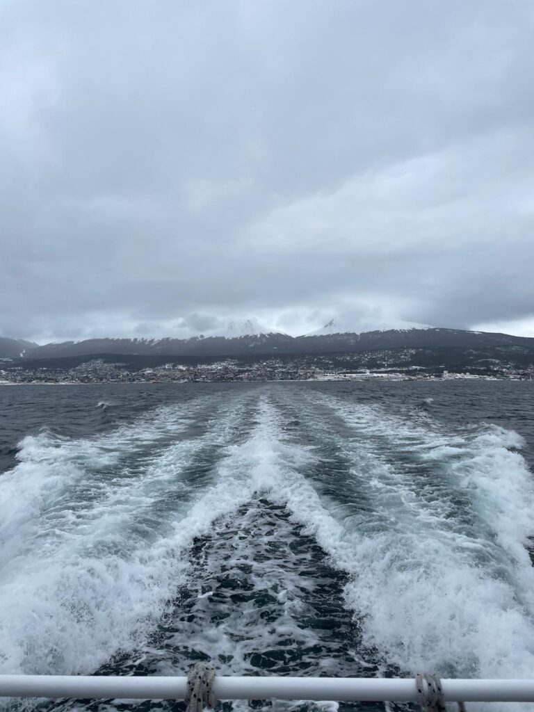 Trails left in the Beagle Channel by a fast-moving catamaran. In the background you can see the city of Ushuaia just in front of the snowy mountains