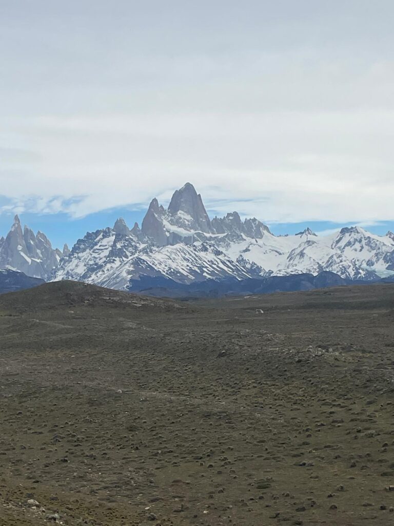 Mount Fitzroy in El Chalten, Argentine Patagonia. The famous mountain is covered in snow